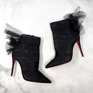 Christian Louboutin Libellibooty 100 Tulle Pointed Toe Ankle Boot Heels Black 35
